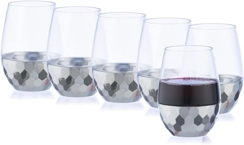 DECORLINE Verres à vin sans pied | 450 ml Lot de 18 | Verres à vin en plastique réutilisables incassables, sans BPA | Idéal pour le vin rouge et vin blanc, les cocktails, l'eau - Transparant/Argent