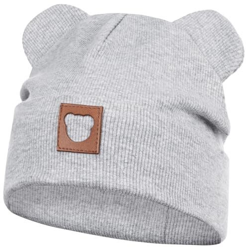 Smarilla Mütze Übergangsmütze Junge Mädchen Herbstmütze Frühlingsmütze Beanie Ohren gerippt, Größe: 50-52, Farbe: Hellgrau