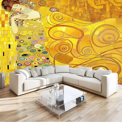 3D Panoramique Murale À La Manière De Gustav Klimt Femme En Or 300x210 cm Papier Peint Intissé pour Salon Chambre Enfant Chambre Décoration Murale Poster Tableaux Photo Muraux