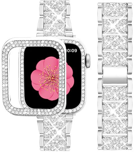 SUPOIX Compatible with Apple Watch Band S11/S10 42mm + Case, Women Jewelry Bling Diamond Metal Strap & 2P Cover Cases for iWatch Series 11/10(Silver,42mm)