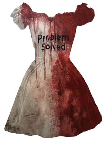 Halloween Adult Women's Problem Solved Printed Dress | Puff Short Sleeve High Waist Ruched Party Skater Swing A-Line Witch Lace Dress White