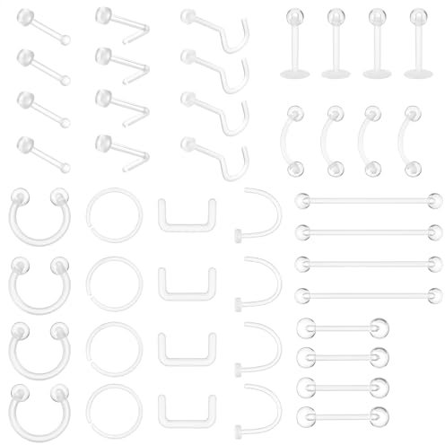 Yolev 44 Stück Klare Piercing Retainer Acryl Nasenring Bauchring Septum Piercing Transparent Kit Augenbraue Zunge Lippe Knorpel Labret Piercings Industriestab Kunststoff Piercing Schmuck