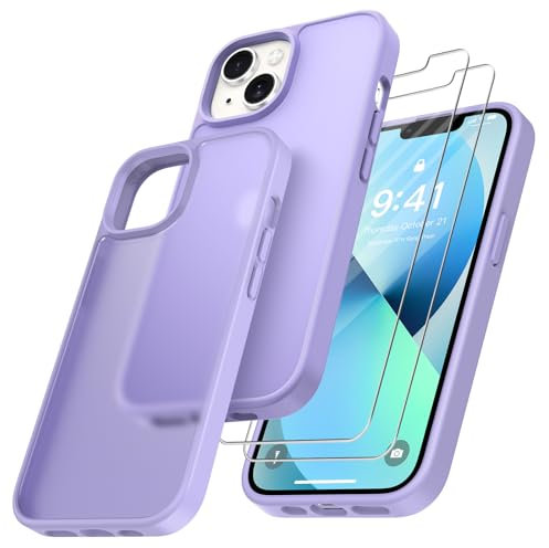 Niphabe Hard Hülle Kompatibel mit iPhone 13 mit 2 Stück Schutzfolie, Nie Vergilbung Hard PC Case Kratzresistente Rückseite Stoßfest Schutzhülle TPU Bumper Phone Durchsichtig Hülle 6,1'' -Hells Lila