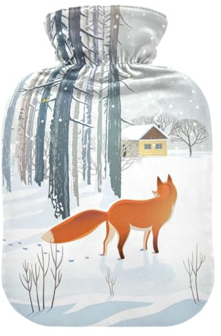 Hot Water Bottle with Cover, Winter Forest Fox 1L Leakproof Hot Water Bag for Hand Feet Warmer, Neck, Shoulder, Back, Muscle Pain Relief, Cold Compress