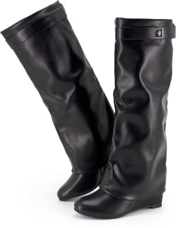 GOGD Fold Over Boots Women's Knee High Shark Boots Round Toe Wedge Heel Flat Shoes for Fall Winter Dress Shoes