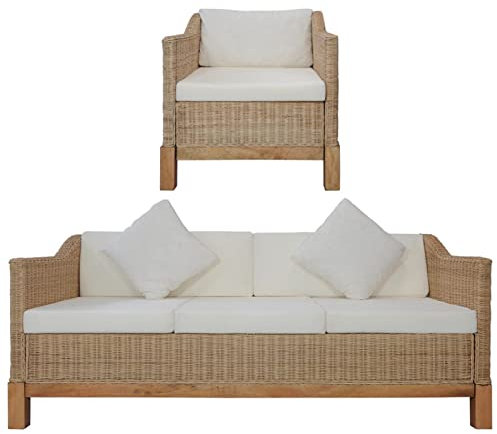 Sufrk 2-TLG. Sofagarnitur mit Auflagen Natur Rattan Wohnzimmer Couch Ecksofa Klein - 278617