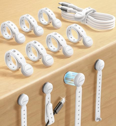 JOYROOM 12PCS Silicone Magnetic Cable Ties, Adjustable & Reusable Cord Organizers with Buckle Holes, Elastic Cord Ties Cable Management for Home, Office & Desk (White)