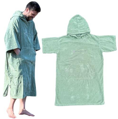 Stravaig Frottee-Poncho für Erwachsene und Kinder (350 g/m²) – leicht zu wechselnder Frottee-Bademantel zum Schwimmen, Surfen, Wildschwimmen, Strand (Grün, L-XL)