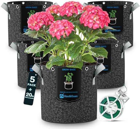 Hon&Guan 26L Pflanzsack 5 Stückmit Griffe und Metallösen, Pflanzsäcke Stofftopf Wiederverw Pflanzbeutel für Niedrigstress Pflanzentraining für Gemüse, Obst - Ø31.5 x Höhe 33cm