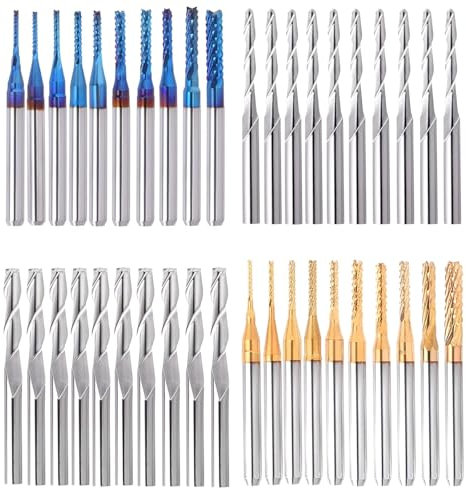 GHWMYD CNC Fräser mit Insgesamt 40 Fräsköpfen,3,175mm (1/8) Schaft,mit 2-Nuten Flach- als auch Kugelkopffräsern, Nano Blue Beschichtung & Titan Beschichtung,Schaftfräser-Satz