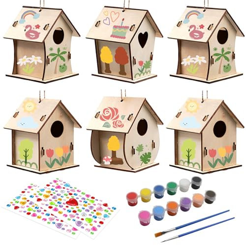 Forbabe Lot de 6 nichoirs à oiseaux pour enfants - Kit de bricolage - Maison à oiseaux en bois - Kit de construction - Cadeau pour filles et garçons