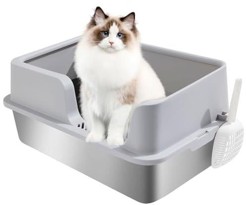 FURRYPAWS XL Stainless Steel Cat Litter Tray, Easy to Clean and Leak-Proof Stainless Steel Litter Box, 20L Large Cat Litter Trays with Litter Scoop (61x41x30cm)