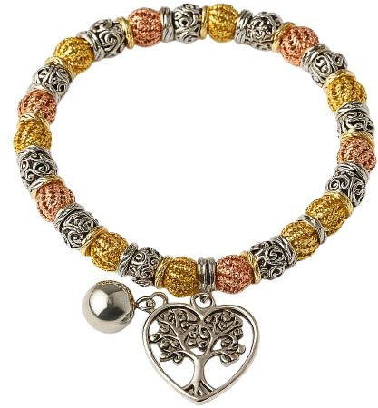 OUTLETISSIMO® Bracciale Elastico Donna con Ciondolo Albero della Vita, Perline Colore Oro Argento Rame, Charm a Cuore ET235