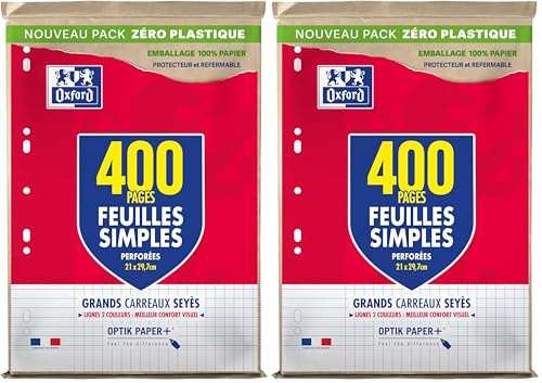 OXFORD Lot de 800 Pages Feuilles Simples Grands Carreaux Seyes Format A4 (21x29,7cm) Perforees