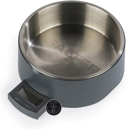 Salter - Báscula Digital para Alimentos para Animales - Cuenco Inteligente para Perros, función de Tara, medición líquidos, Pantalla LCD extraíble, Capacidad 5 kg, Cuenco de Acero Inoxidable, Gris