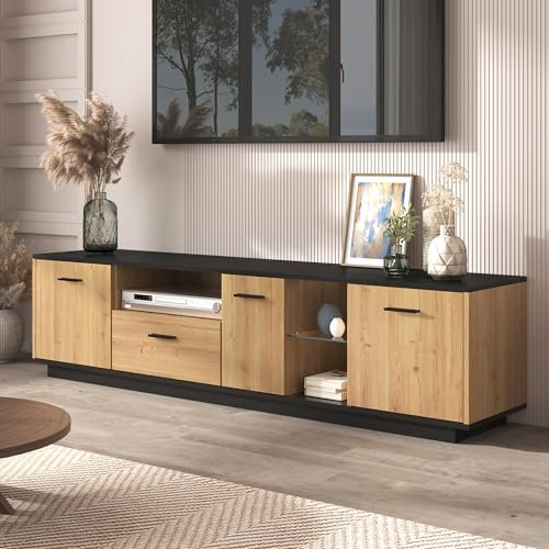 LERFAN Meuble TV avec un tiroir, trois portes, deux compartiments ouverts avec meuble TV en verre, meuble TV, meuble TV bas structure fine. Couleurs bois noir et naturel. 15 lumières variables.