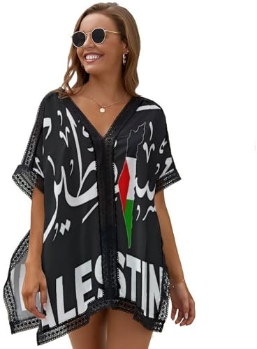 Vestido Cover Up De Playa para Mujer – Malla Ligera con Palestina Estampado De Bandera Aberturas Laterales Y Encaje Sexy – Moda Patriótica De Verano
