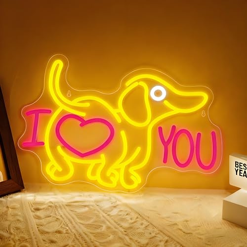 Hund Neon Schild, LED Dackel I Iove You Neon Sign für Wand Deko, Dimmbare Dog Neonlichter USB Power für Schlafzimmer Wohnzimmer Spielzimmer Männ Höhle Bar Pub Club Geburtstag Party