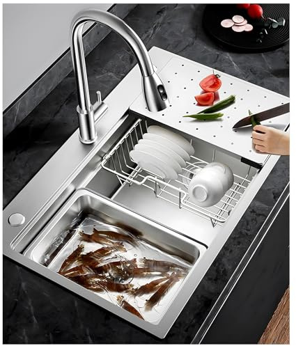 AIVANOTO 85 x 50 cm, lavello da cucina in acciaio inox 304, con tagliere, scolapiatti, tubo di scarico, lavello da cucina argentato, grande lavello singolo, lavello per la casa
