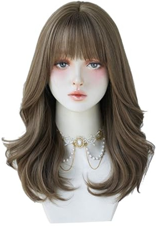 Agmoctz College Cosplay Wig 45cm Linen Gray Brown Fiber + Matte High Temperature Wire Long Curly Hair Big Wave Chemical Fiber Simulation Hair Fashionable Set of Head Style Wig