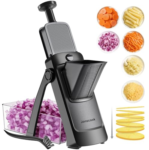 Jonscook All-in-1 Safe Mandolinenschneider für Küche Gemüseschneider mit Behälter, verstellbare vegetarische Mandoline, Frittierschneider, Kartoffel/Tomaten/Zwiebelschneider, Reibe/Reinigungsbürste