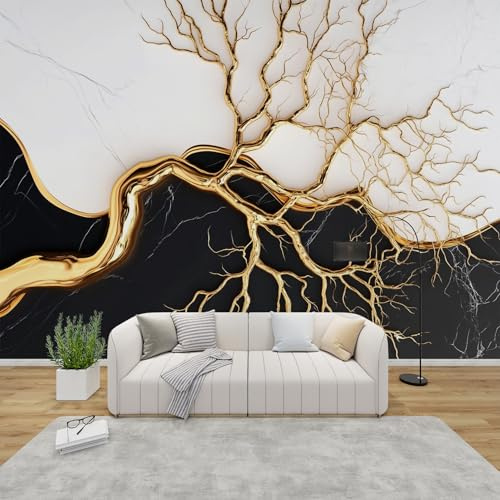 MMYAOKEN Tapete Baum Des Lebens Fototapete Abstrakt Schwarz Gold Weiß Wandtapete Wohnzimmer Schlafzimmer Kinderzimmer Moderne Tapeten Vliestapete Goldener Baum Wanddeko 350 x 256 cm (B x H)