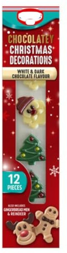 Belgian Chocolate Christmas Decorations, White and Dark Chocolate Flavoured, Santa, Reindeer, Christmas Tree, Gingerbread Men Shapes, 14g, 12 Pack