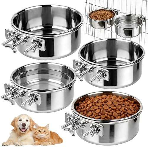 CAIYUANGUANGJIN 4 Pack Stainless Steel Hanging Pet Bowl with 3 Bolt Holder, 16cm & 14cm No-Spill Dog Crate Water Bowl & Food Feeder, Adjustable Clip-on Bowl for Small Dogs Cats Puppies & Guinea Pigs