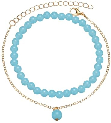 meberg Karma NH11542046 Fußkettchen Schmuckset Blau Gold 2er Set Fusskette Glow in the dark Fußschmuck Urlaub Strand Abendmode Accessoires Fußkettenset