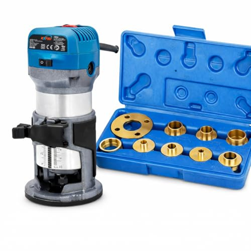 KATSU 710W Wood Trimmer Router Bundle with 10pc Brass Guide Bush Set, 1/4 & 3/8 Collets, Variable Speed Handheld Router for Precision Woodworking