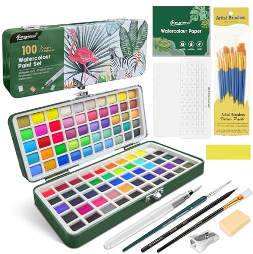 flintronic 100 Farben Aquarellfarben Set, Tragbarer Box, mit Palette, Aquarellpapier, Pinsel und weiteres Zubehör. Geeignet für professionelle und Hobbykünstler