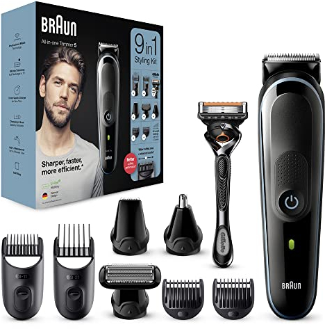 Braun 9-in-1 All-In-One Trimmer Series 5, Male Grooming Kit With Beard Trimmer, Hair Clippers, Ear & Nose Trimmer & Gillette Razor, 7 Attachments, Gifts For Men, UK 2 Pin Plug,MGK5280,Black/Blue Razor