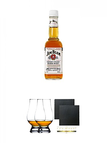 Jim Beam Bourbon Whiskey 350 ml + The Glencairn Glass Whisky Glas Stölzle 2 Stück + Schiefer Glasuntersetzer eckig ca. 9,5 cm Ø 2 Stück