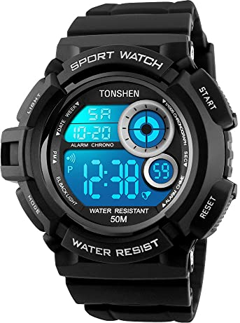 TONSHEN Men's LED Digital Electronic Military Watch Multi Function 12H/24H Time 164FT 50M Water Resistant Simple Design Sport Watches (Black)