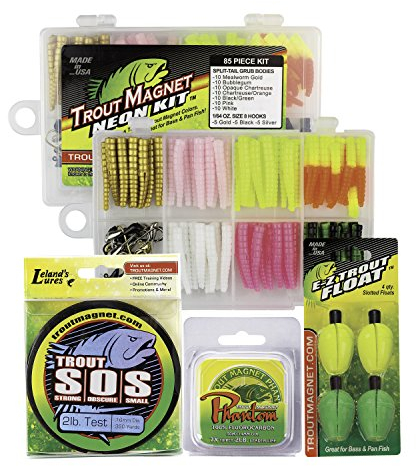 Trout Magnet Ultimativ Set: 82-teiliges Set für das Forellenfischen, 320 m Forellen-S.O.S-Angelschnur Monofile Angelschnur, Phantom-Vorlaufleine aus Fluorocarbon, 4 E-ZTrout Schwimmer