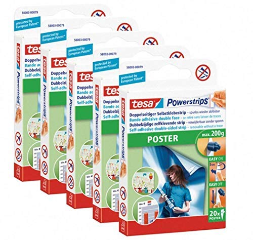 tesa Powerstrips® Poster-Klebestreifen, max. 200 g, spurlos wieder ablösbar (1 Packung mit 20 Stück) (5 Packungen)
