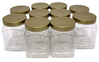 Truenova 10 x 450ml Square Plastic Storage Jars Kitchen/Garage Organisation & Gold Lids