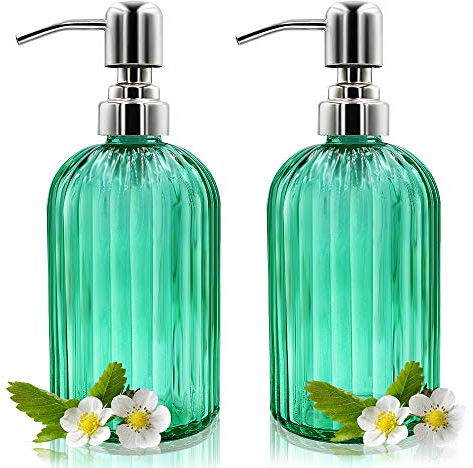Seifenspender – 2 Stück, 400 ml, Glas-Seifenspender mit rostfreier Edelstahlpumpe, nachfüllbarer Flüssigkeitsflaschenspender, Premium-Handdosenspender für Badezimmer, Küche, Arbeitsplatte (grün)