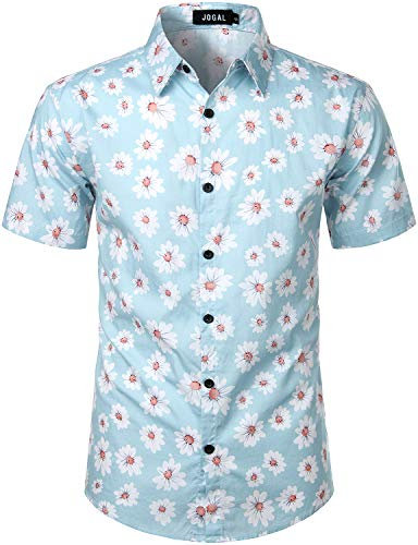 JOGAL Chemise hawaïenne à manches courtes en coton pour, Ciel rose bleu, L