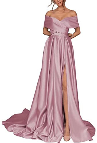 Abito da sera da donna, in raso, linea A, spalle scoperte, abito lungo da damigella d'onore, Rosa cipria, 60