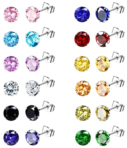 KALVICA 12 paires Acier Inoxydable Clou D'oreilles Rondes Clous D'oreilles en Zircon Coloré Boucles D'oreilles Cristaux de Elements Ronds 3mm 5mm 7mm Choix de Différentes Couleurs