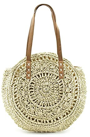 MODELISA - Bolso Tote Rafia Redondo Paja Verano Playa Hombro Mujer (Beige)