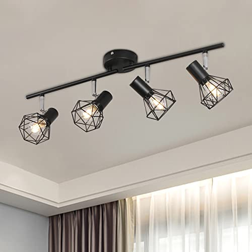 4 Way Ceiling Light Fixture Rotatable Retro Spotlight Fitting E14 Base Angle Adjustable with Black Metal Cage Flush Mount for Bedroom Living Room Hallway (Bulbs Not Included)