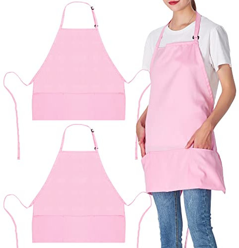 Jubatus 2 Pack 3 Pockets Adjustable Bib Apron Chef Kitchen Cooking Aprons for Women Men, Pink