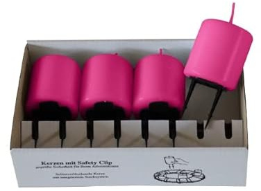 4er Set Adventskerzen, Stumpenkerzen mit Safety Clip und Kerzenstecker (Haltekrallen) Fuchsia Pink 8 x ∅ 5 cm