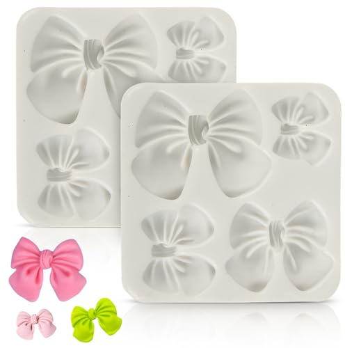 Fondant Bow Formen, 2-Pcs Mini Bow Silikon Fondant Formen Bow Formen für Schokolade Cartoon Bow Silikon Form Bowknot Süßigkeiten Form 4 Loch Handwerksformen für Cupcake Kuchen Dekoration