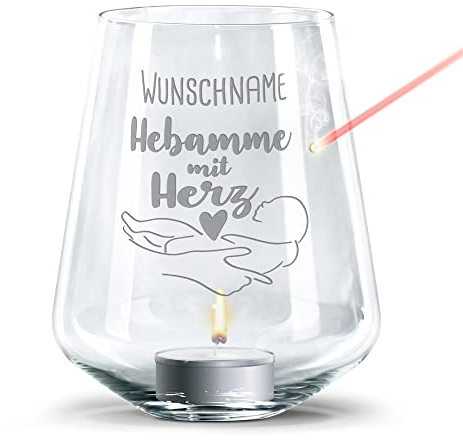 PR Print Royal Windlicht mit Gravur - Hebamme mit Herz - mit Wunschname personalisierte Geschenke für Hebamme, Dankeschön Geschenk zur Geburt | inklusive Teelicht