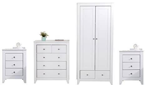 HOME MODERN Wooden White Bedroom Sets 4 Pieces (3 Drawers Bedroom x2, 3+2 Drawers Chest, 2 Door 2 Drawer Wardrobe) Sotrage Unit Cabient Bedroom Wardrobe Furniture Sets