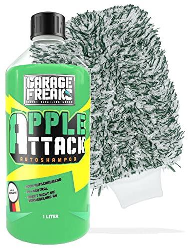 Autowäsche Set - Garage Freaks Autoshampoo Apple Attack 1L + Premium Waschhandschuh - Car Shampoo für Autowäsche - Handwäsche - Autoreinigung Aussen - Zum Waschen von Auto Motorrad Fahrrad