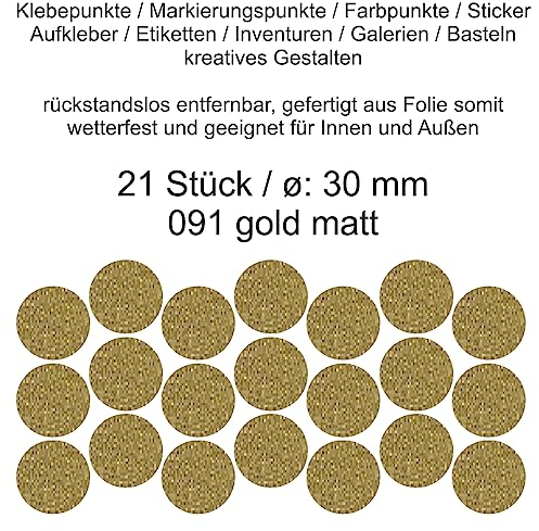 Aufkleber Etiketten Klebepunkte aus Folie 21 Stück gold matt rund 30 mm selbstklebend farbig wetterfest Decal Markierungen Organisieren DIY basteln verzieren Modellbau Scrapbooking